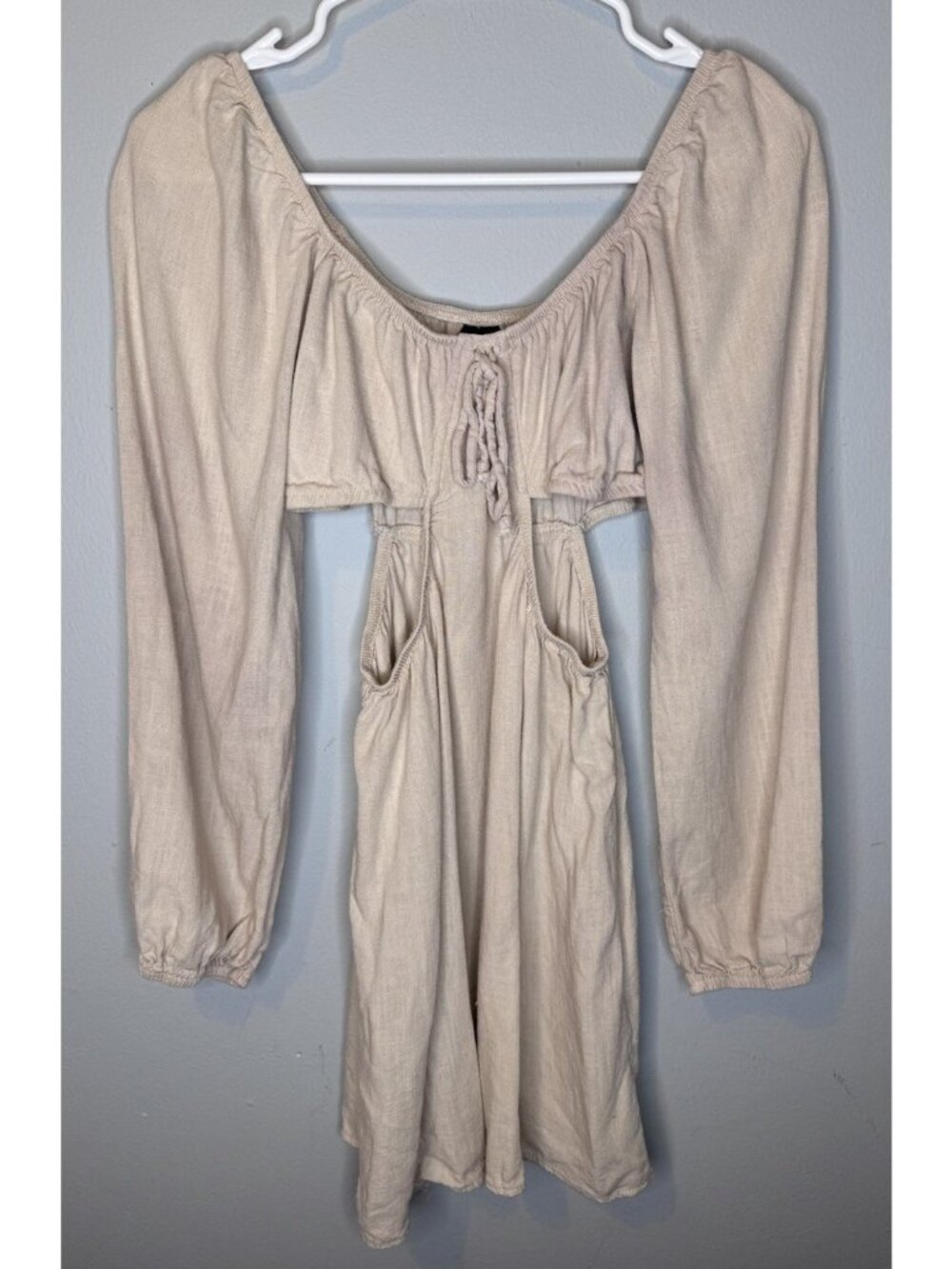 Women’s Linen Blend Long Sleeve Cutout Coverup Dress XS Beige Short Extra Small
